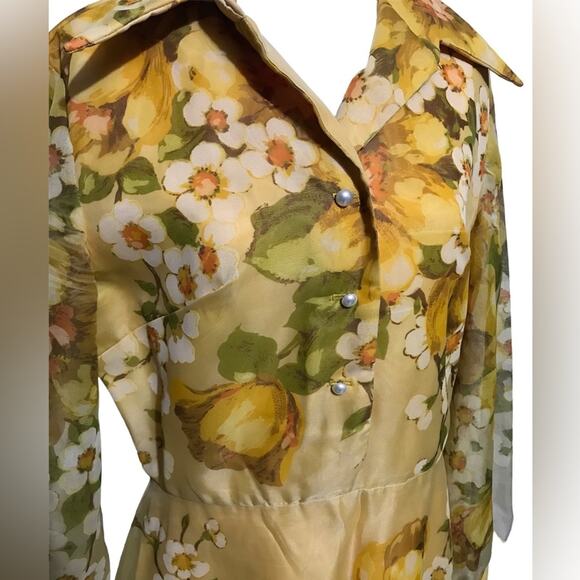 Vintage 1970s Yellow Gold Floral Maxi Dress Gown Long Sleeve Women’s Size Large - Picture 2 of 3